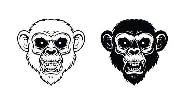 Fierce chimpanzee head vector illustration in black and white contrast designs for graphic elements