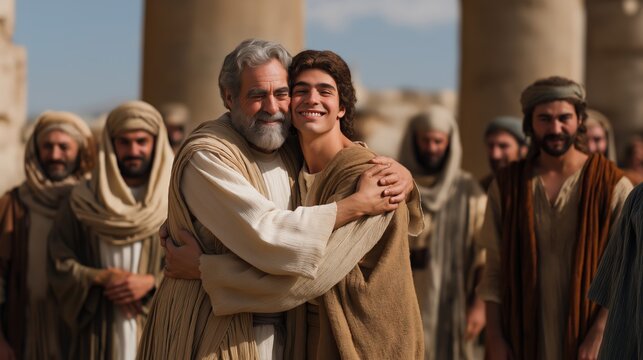 A joyful reunion scene of jacob and joseph embracing inside an egyptian courtyard surrounded by family under warm sunlight, expressing love and fulfillment of promise.