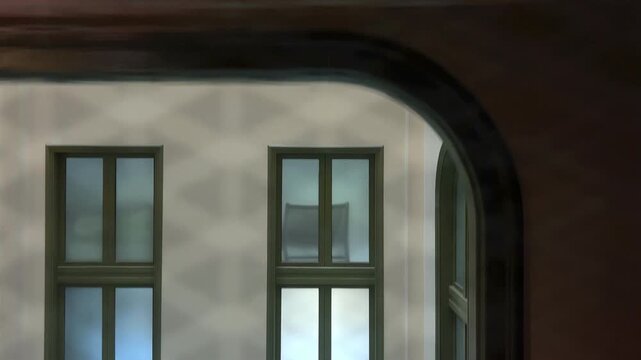 Descending elevator revealing geometric courtyard windows and architectural symmetry 