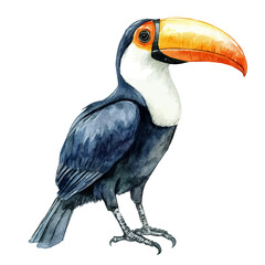 Toucan, watercolor clipart showing delicate textures and whimsical forms, isolated on a white background. © velora