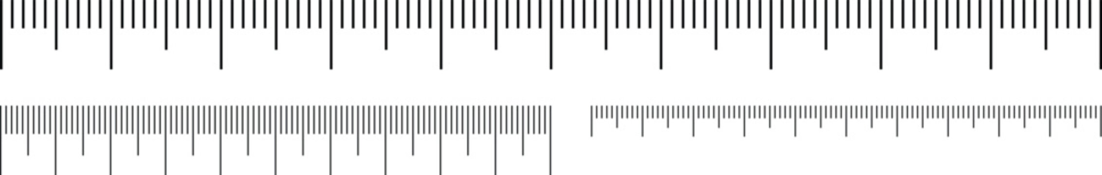 Black and white ruler scale measurement tool vector. Horizontal metric inch graduation line set design. Precise measuring strip graphic for technical and print use.
