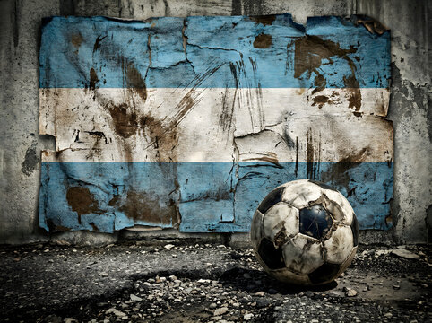 Grunge argentina flag and old soccer ball on concrete wall grunge soccer ball