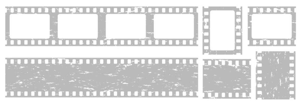 Film strip frame set outline vector illustration. Blank cinema reel border collection in multiple sizes. Retro movie filmstrip template graphic for media design.
