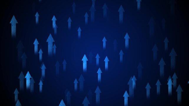 Blue upward circuit arrow background glowing tech symbols, dark gradient space, digital growth motion. business progress videos, finance explainers, data success stories, startup promos, technology