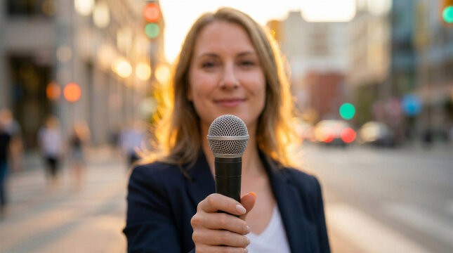 Woman smiling while holding a microphone in a city street  
