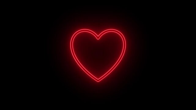 Red heart shape neon light on dark wall backgorund. Abstract and decoration concept. Happy Valentines day element. Sign and symbol electric light glow banner. 3D illustration render. 4K footage video
