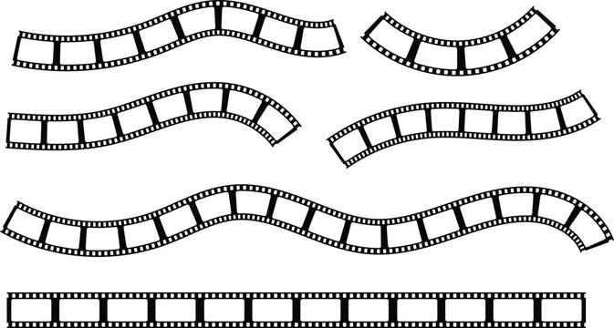 Black and white film strip set vector illustration. Curved wavy cinema filmstrip collection design element. Retro movie reel strip graphic for media and entertainment.
