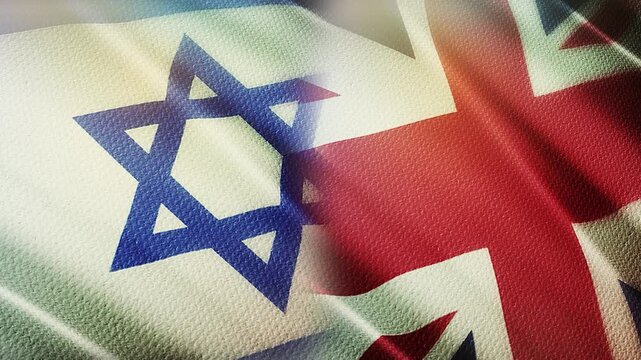 Israel and United Kingdom Flags Waving Side by Side in Wind &ndash; Diplomacy, Alliance and International Relations
