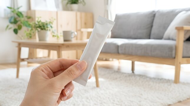 Hand holding a blank white stick sachet packaging mockup in a bright living room