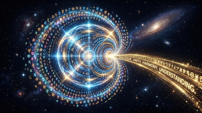 Glowing universal translator device emits light beam with language script in space