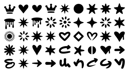 Fototapeta premium Black silhouette icons of stars hearts crowns arrows symbols with silhouette collection abstract geometric
