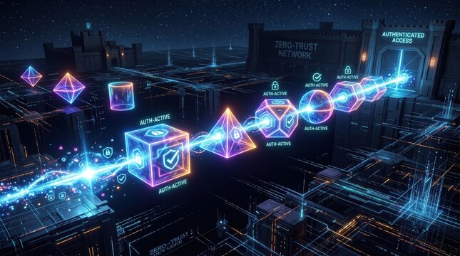 Zero trust architecture concept with glowing neon icons and cityscape background at night