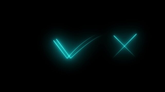 Cyan Neon Check Mark and Cross Symbols abstract blue
