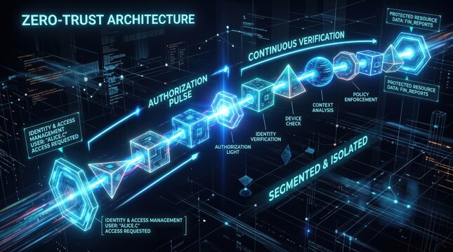 Zero trust architecture concept with glowing blue network connections and security terms