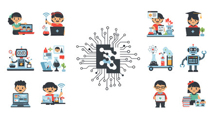 Fototapeta premium A friendly cartoon character working on a laptop, ideal for illustrating remote education, online communication, and digital productivity.