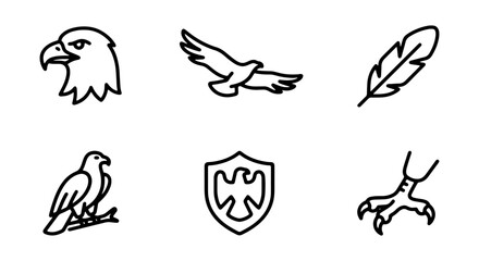 Fototapeta premium Collection of eagle icons including head, wings, feather, standing bird, shield, and claws in simple line art style