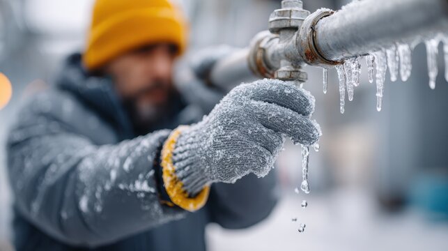 Man wearing gray gloves and yellow beanie adjusts frozen pipe with icicles in a cold outdoor environment, blurred background of industrial setting visible