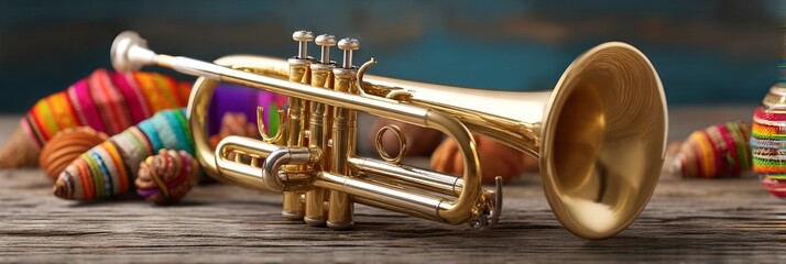 Obraz premium Brass Trumpet on Wooden Table Surrounded by Colorful Decorations