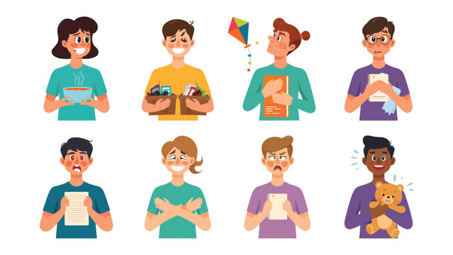A Spectrum of Human Feelings: A captivating collection of diverse individuals, each embodying a unique emotion, presented in a vibrant and relatable illustration.