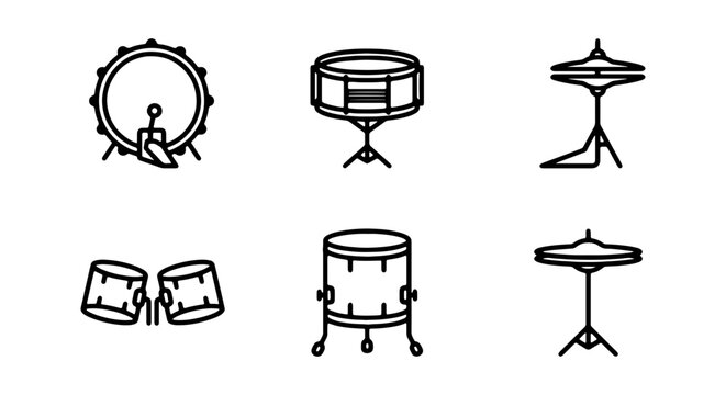 A set of six different drum equipment illustrations including a bass drum, tomtom, cymbals, and hihats