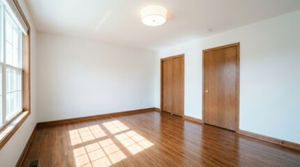 Fototapeta premium Empty bedroom with hardwood floors and wooden door frames