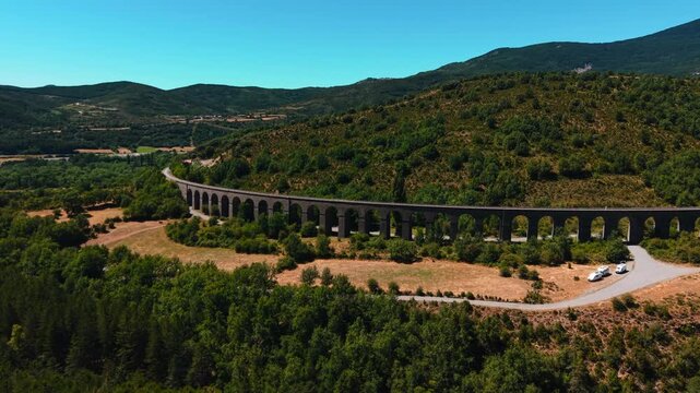 Aerial view of historic canfranc viaduct railway bridge in the aragonese pyrenees