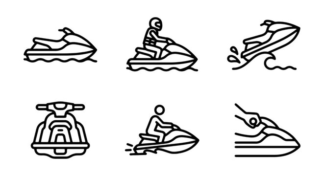 A set of six black line icons depicting various jet ski designs and a person riding on water