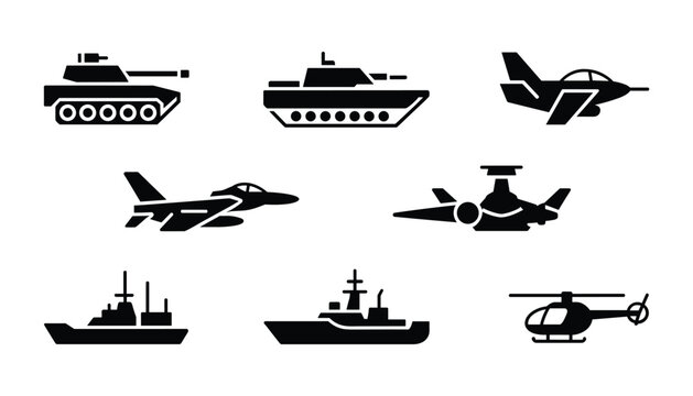 Military vehicles vector icons tanks ships and aircraft for defense concepts