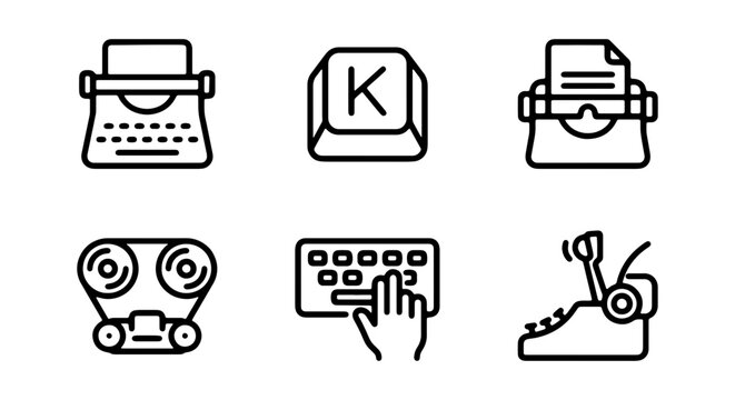 A set of six black line icons depicting various office and writing related objects