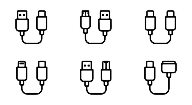 Various usb connectors and cables illustrated in a line drawing style