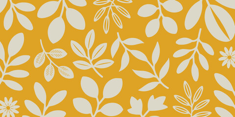 leaf seamless pattern cream foliage on orange background © AIcon Star