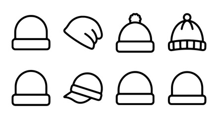 Fototapeta premium Collection of various winter hats and beanies in simple line art style