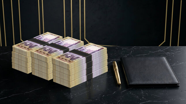 Stacks of Bangladeshi Taka Banknotes on Luxury Desk with Black Wallet and Gold Pen &ndash; Wealth, Investment, Business Finance and Cash Savings Concept