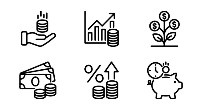 A set of six icons related to finance and money