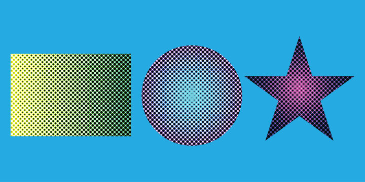 Colorful halftone geometric shapes on blue background including rectangle circle star dots pattern pop. Resizable and editable, EPS 10.