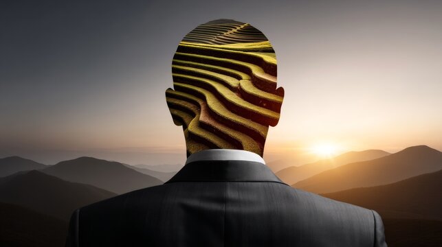 Surreal Double Exposure of Man with Abstract Landscape and Sunset Background