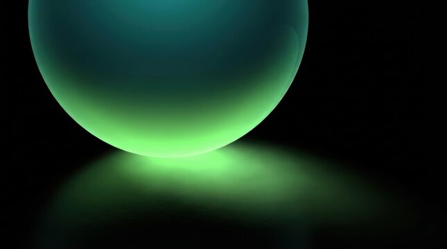 Glowing green sphere with reflection on a dark background