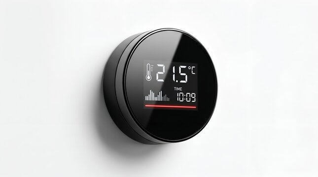 Modern digital thermometer and hygrometer displaying time, temperature, and humidity on reflective black surface