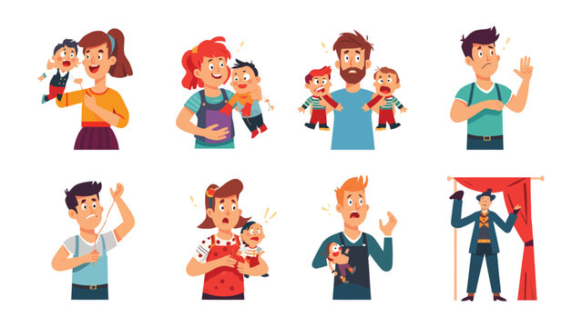 Puppet Show & Emotional Spectrum: A series of vibrant illustrations captures the spectrum of emotions evoked by a puppet show performance, from delight and wonder to surprise and concern. 