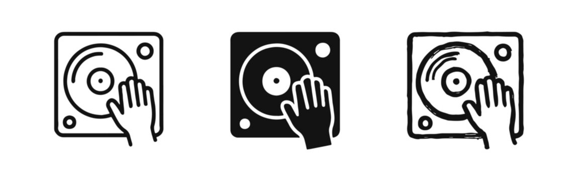 DJ Turntable and Hand Icon Set - Line, Solid, and Hand-Drawn Styles