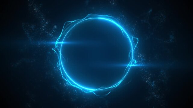 Blue glowing energy sphere background cyan circular light, particle dust, cosmic depth, electric wave motion. technology intros, sci fi portals, network visuals, logo reveals, futuristic overlays.