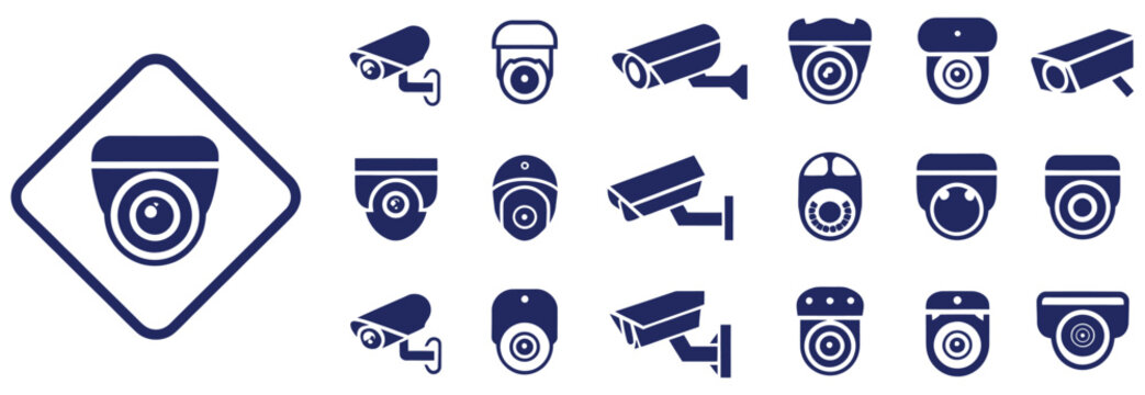 Security camera icon set, surveillance CCTV and video monitoring symbols, safety and protection graphics, clean minimalist vector illustration for apps, websites, and security systems.