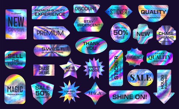 Hologram rainbow foil stickers, holographic labels. Glossy hologram arrow, round and rectangle shapes vector tags, reflective isolated stickers. Metal holographic labels or iridescent surface badges