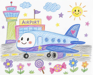 Obraz premium Illustration showing cute blue airplane on runway in front of airport terminal building.