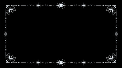 Celestial frame silver border on black background featuring sun, moon phases and star motifs. Vector mystical esoteric boho border, vintage spiritual template with astrology and magic signs © Buch&Bee