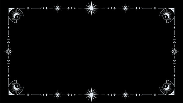 Celestial frame silver border on black background featuring sun, moon phases and star motifs. Vector mystical esoteric boho border, vintage spiritual template with astrology and magic signs