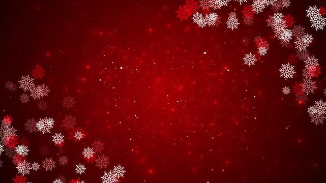 Red Christmas snowflake frame background winter ornaments, glowing particles, festive empty center space. holiday greetings, New Year videos, invitation cards, seasonal titles, celebration overlays.