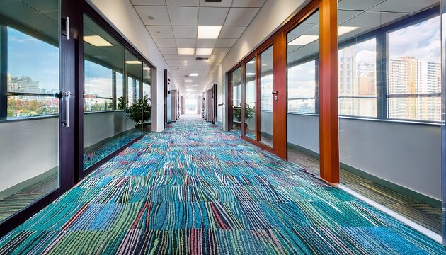 modern office corridor with patterned carpet and glass walls