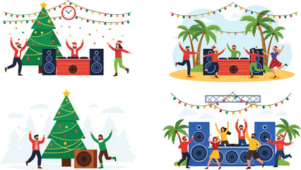 Naklejka premium Festive Party Vector Set with DJs, Dancing People, Christmas and Tropical Decorations, Lights, Music, and Celebration Illustration