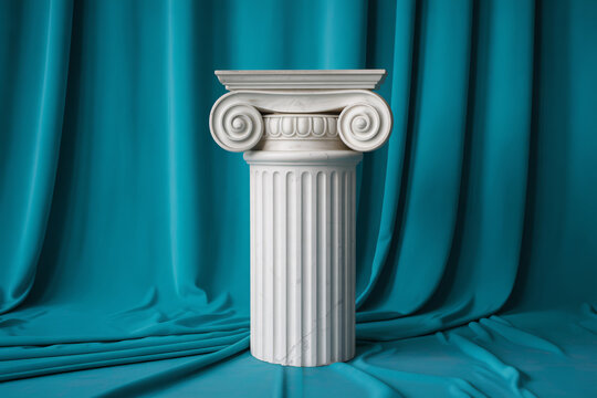 White column with teal curtains and fabric background